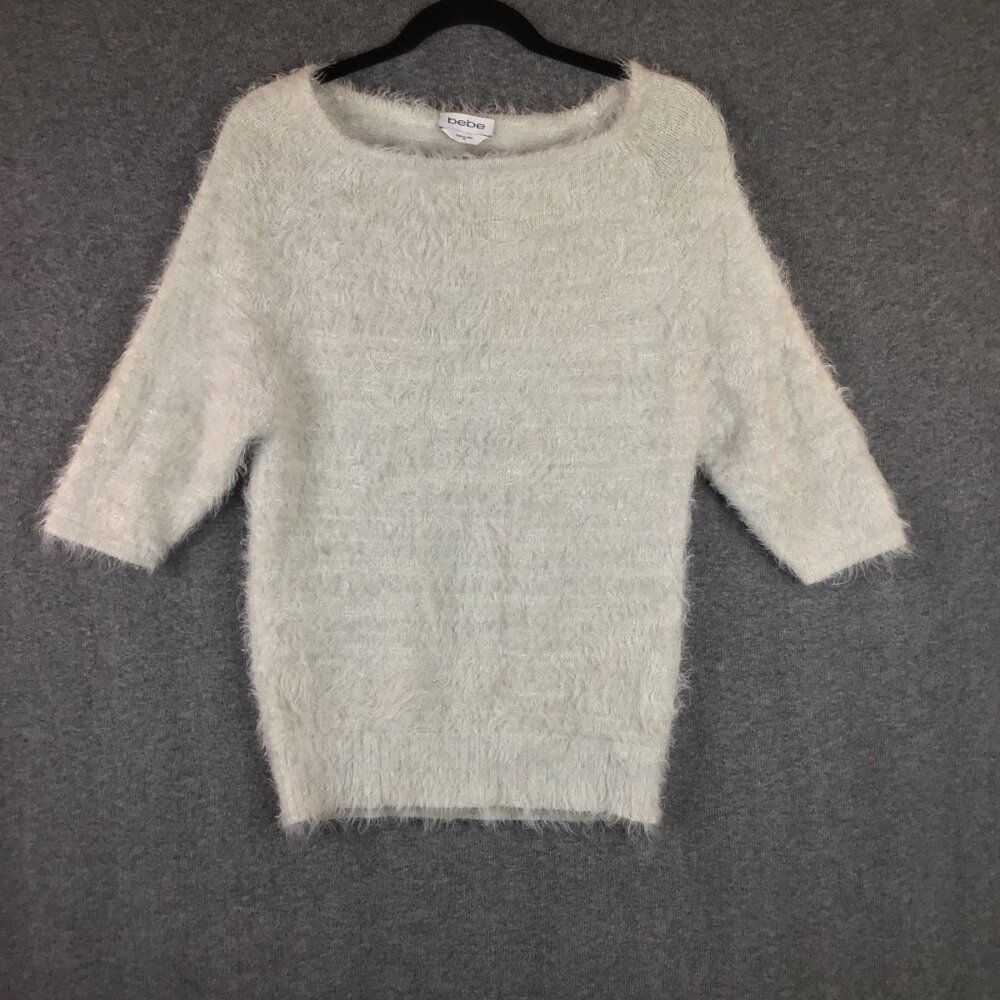 bebe 3/4 Sleeve Fuzzy Oversized Sweater Sz XS/S Metallic Thread
